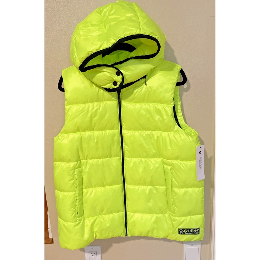 NWT Calvin Klein Performance Puffer Vest w/ Detachable Hood Neon Green Sz L